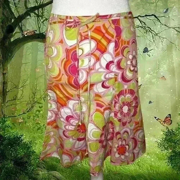70s Abstract Pattern Flowy Multi-Colored MIDI Skirt By My Michelle Size 3 - Picture 2 of 9